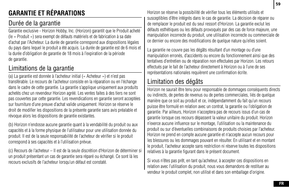 Garantie et réparations durée de la garantie, Limitations de la garantie, Limitation des dégâts | Spektrum SPMR4400 DX4e User Manual | Page 59 / 84