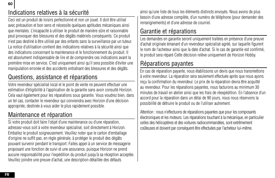 Indications relatives à la sécurité, Questions, assistance et réparations, Maintenance et réparation | Garantie et réparations, Réparations payantes | Spektrum SPMR4400 DX4e User Manual | Page 60 / 84