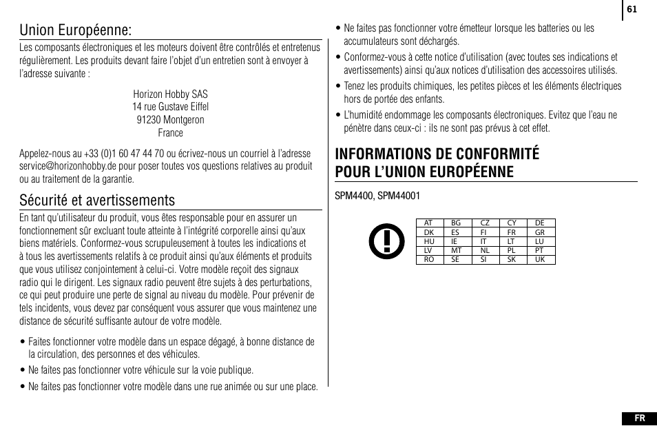 Union européenne, Sécurité et avertissements, Informations de conformité pour l’union européenne | Spektrum SPMR4400 DX4e User Manual | Page 61 / 84