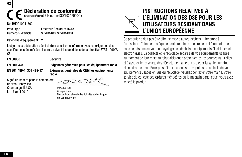 Déclaration de conformité | Spektrum SPMR4400 DX4e User Manual | Page 62 / 84