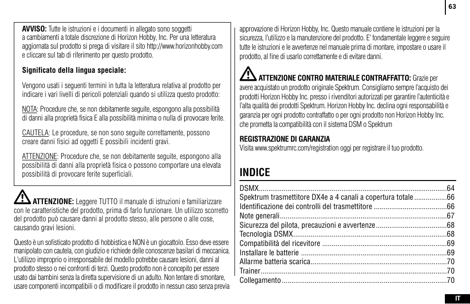 Indice | Spektrum SPMR4400 DX4e User Manual | Page 63 / 84