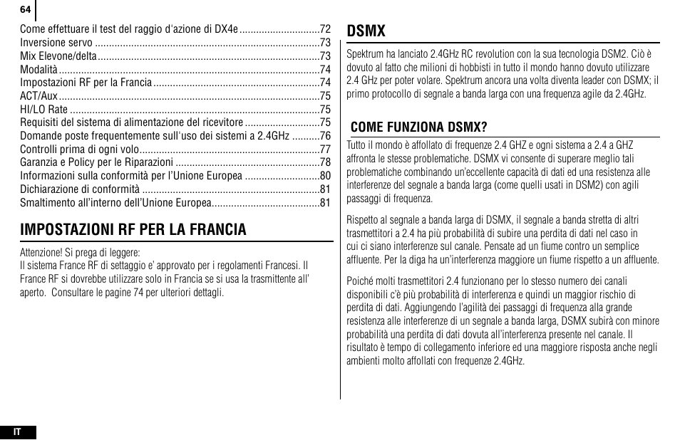 Impostazioni rf per la francia, Dsmx | Spektrum SPMR4400 DX4e User Manual | Page 64 / 84