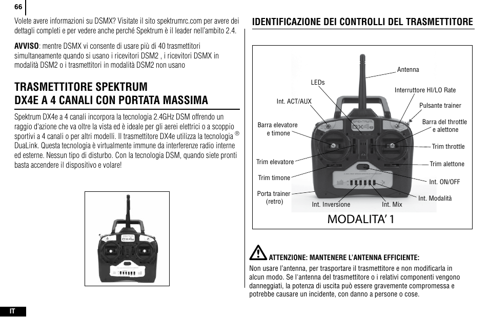 Modalita’ 1, Identificazione dei controlli del trasmettitore | Spektrum SPMR4400 DX4e User Manual | Page 66 / 84