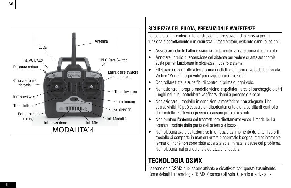 Modalita, Tecnologia dsmx | Spektrum SPMR4400 DX4e User Manual | Page 68 / 84