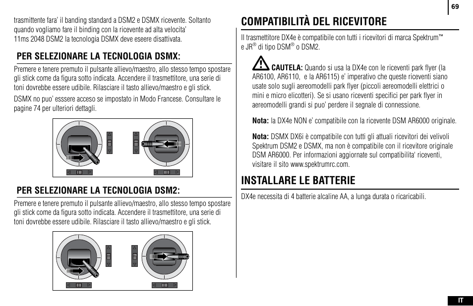 Compatibilità del ricevitore, Installare le batterie | Spektrum SPMR4400 DX4e User Manual | Page 69 / 84