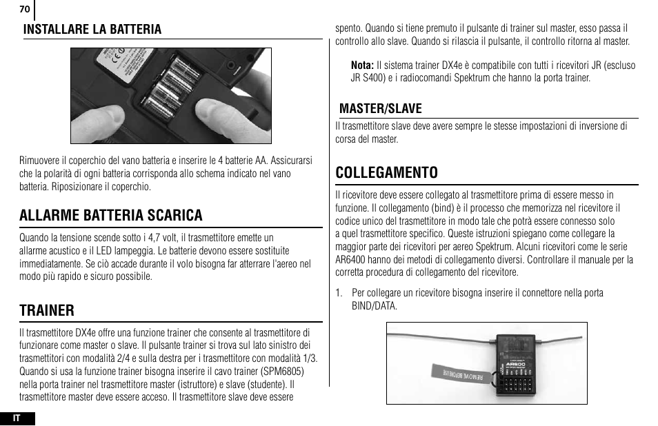 Allarme batteria scarica, Trainer, Collegamento | Spektrum SPMR4400 DX4e User Manual | Page 70 / 84