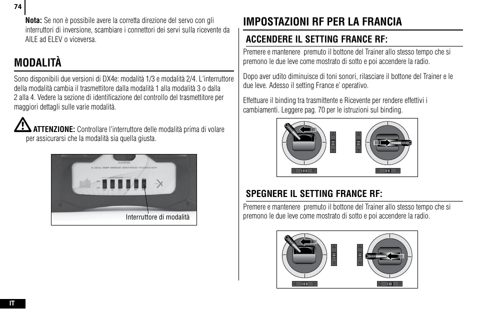 Modalità, Impostazioni rf per la francia | Spektrum SPMR4400 DX4e User Manual | Page 74 / 84