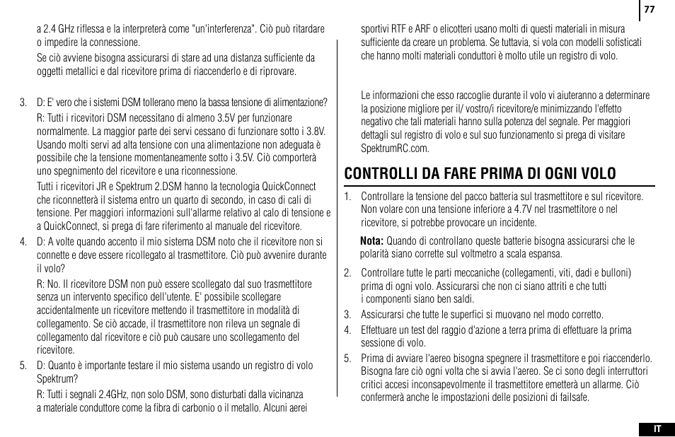 Controlli da fare prima di ogni volo | Spektrum SPMR4400 DX4e User Manual | Page 77 / 84