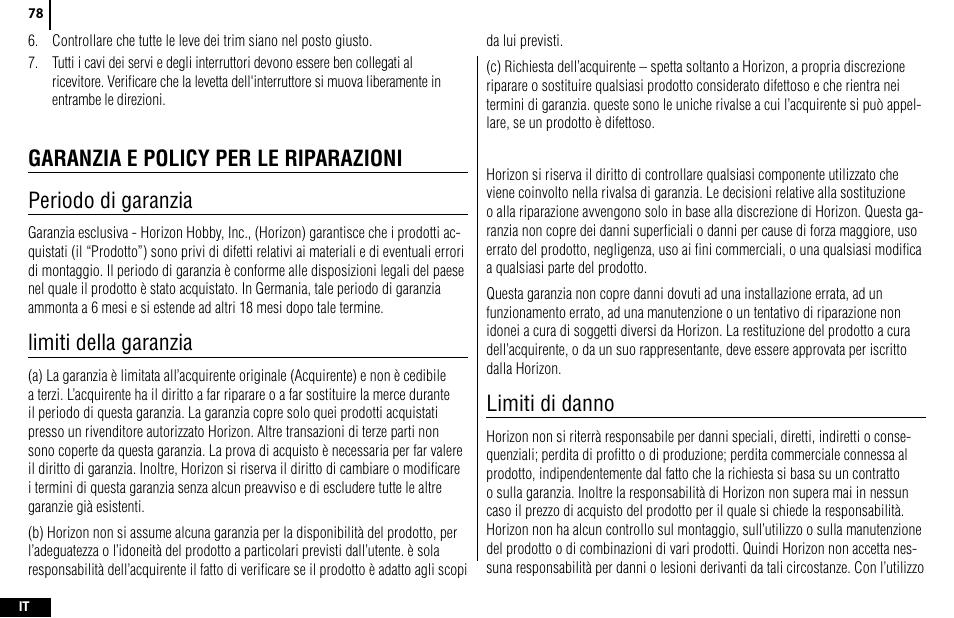 Limiti della garanzia, Limiti di danno | Spektrum SPMR4400 DX4e User Manual | Page 78 / 84