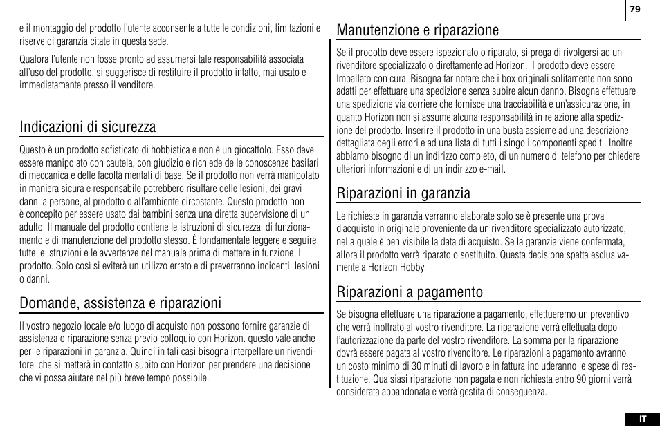 Indicazioni di sicurezza, Domande, assistenza e riparazioni, Manutenzione e riparazione | Riparazioni in garanzia, Riparazioni a pagamento | Spektrum SPMR4400 DX4e User Manual | Page 79 / 84