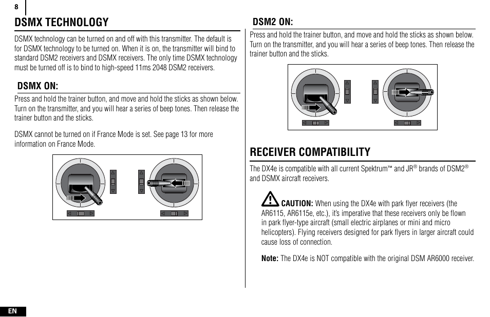 Dsmx technology, Receiver compatibility | Spektrum SPMR4400 DX4e User Manual | Page 8 / 84