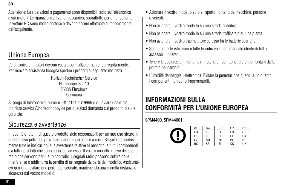 Unione europea, Sicurezza e avvertenze, Informazioni sulla conformità per l’unione europea | Spektrum SPMR4400 DX4e User Manual | Page 80 / 84