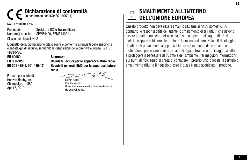 Dichiarazione di conformità, Smaltimento all’interno dell’unione europea | Spektrum SPMR4400 DX4e User Manual | Page 81 / 84