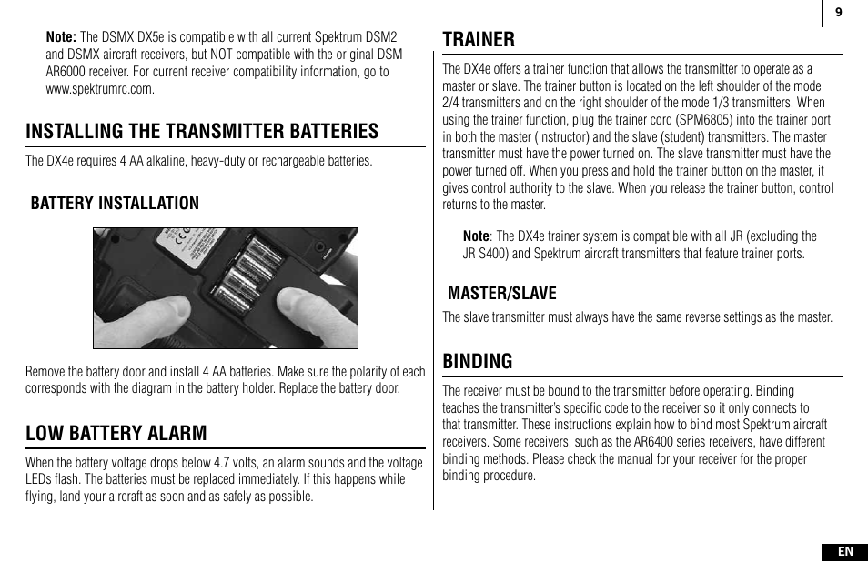 Installing the transmitter batteries, Low battery alarm, Trainer | Binding | Spektrum SPMR4400 DX4e User Manual | Page 9 / 84