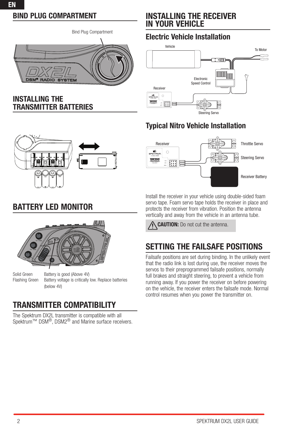 Battery led monitor, Transmitter compatibility, Installing the receiver in your vehicle | Setting the failsafe positions, Bind plug compartment, Installing the transmitter batteries, Electric vehicle installation, Typical nitro vehicle installation, 2spektrum dx2l user guide, Dsm2 | Spektrum SPMR2400 DX2L User Manual | Page 2 / 8