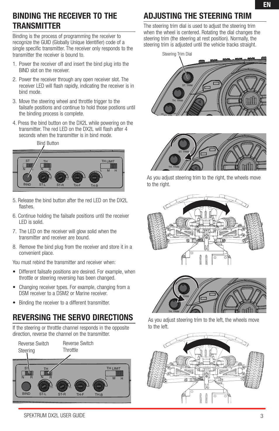 Binding the receiver to the transmitter, Reversing the servo directions, Adjusting the steering trim | 3spektrum dx2l user guide | Spektrum SPMR2400 DX2L User Manual | Page 3 / 8