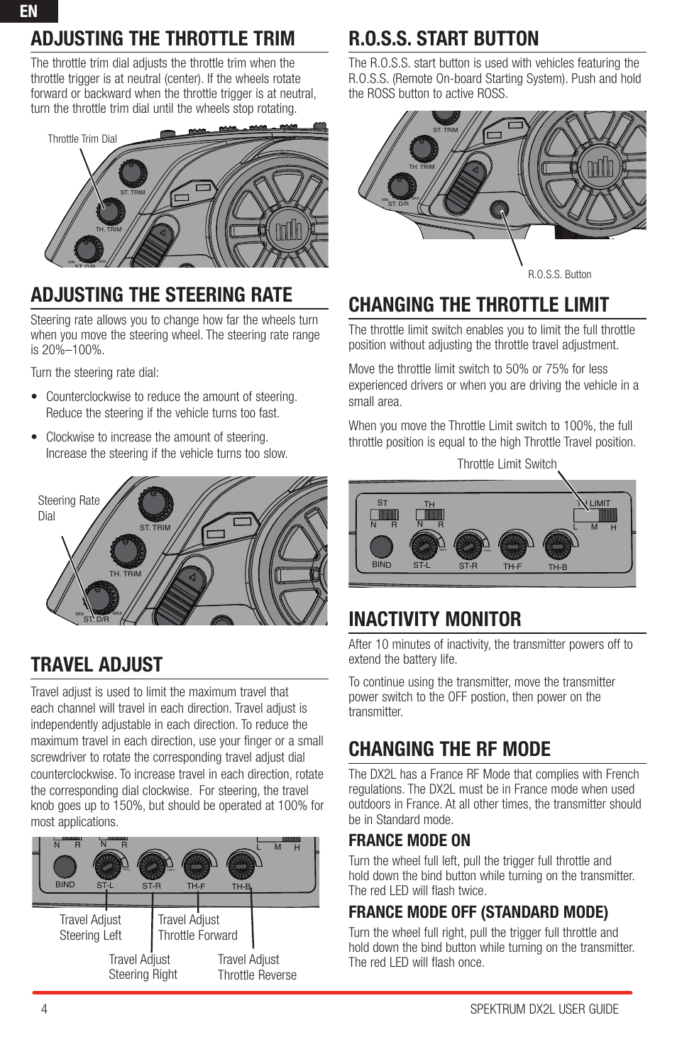 Adjusting the throttle trim, Adjusting the steering rate, Travel adjust | R.o.s.s. start button, Changing the throttle limit, Inactivity monitor, Changing the rf mode, France mode on, France mode off (standard mode) | Spektrum SPMR2400 DX2L User Manual | Page 4 / 8