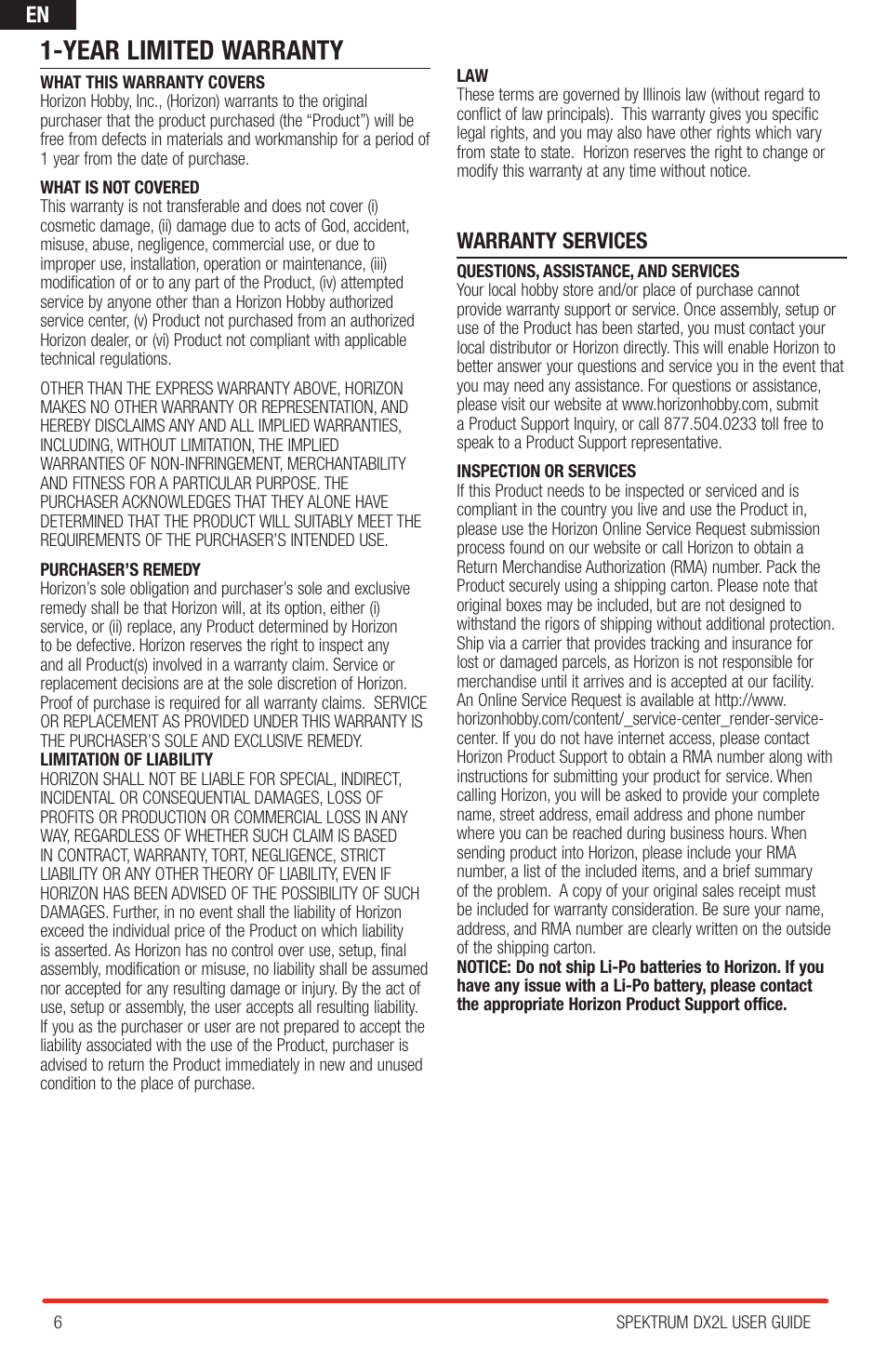 Year limited warranty, Warranty services | Spektrum SPMR2400 DX2L User Manual | Page 6 / 8