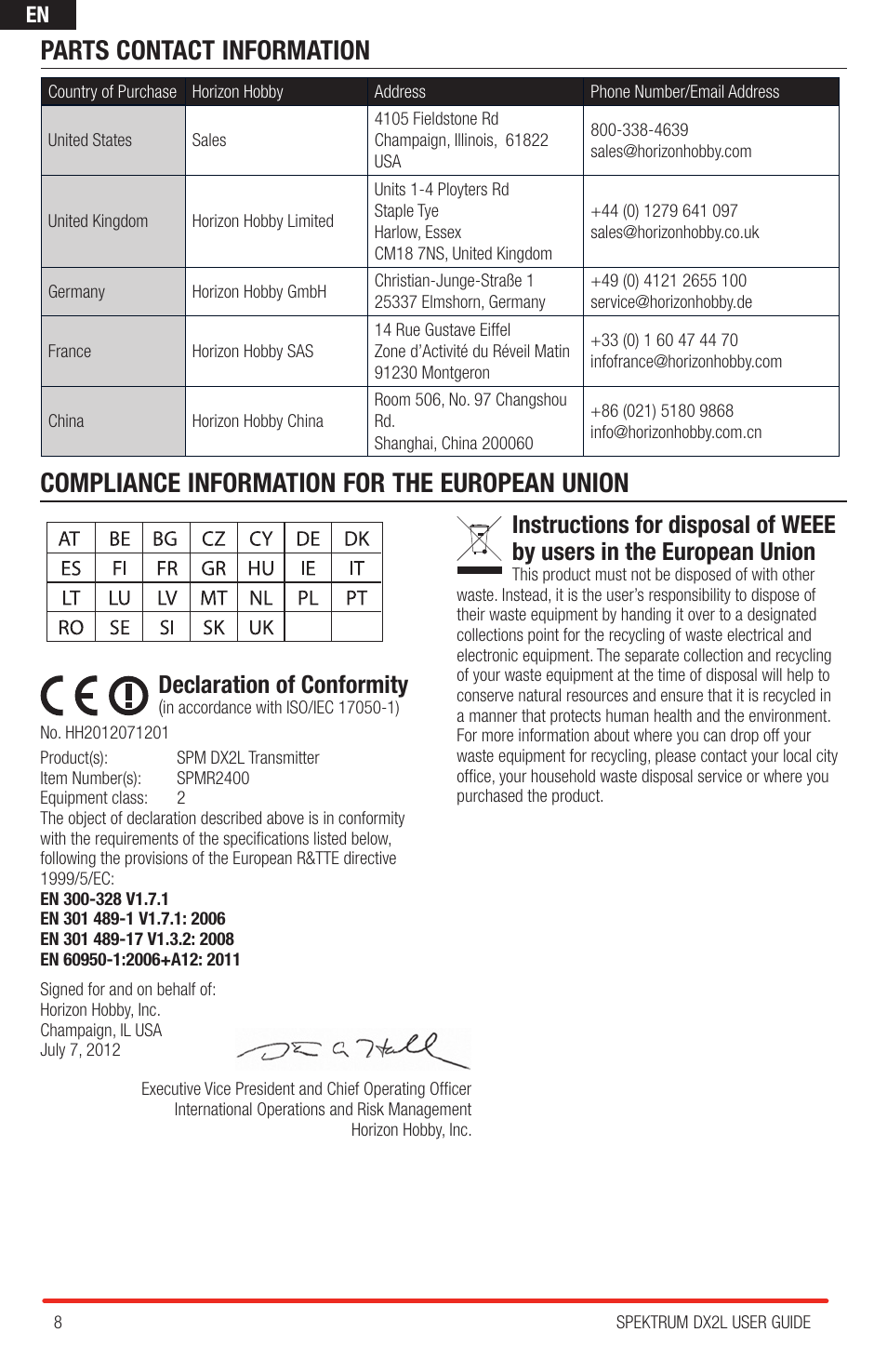 Parts contact information, Compliance information for the european union, Declaration of conformity | Spektrum SPMR2400 DX2L User Manual | Page 8 / 8