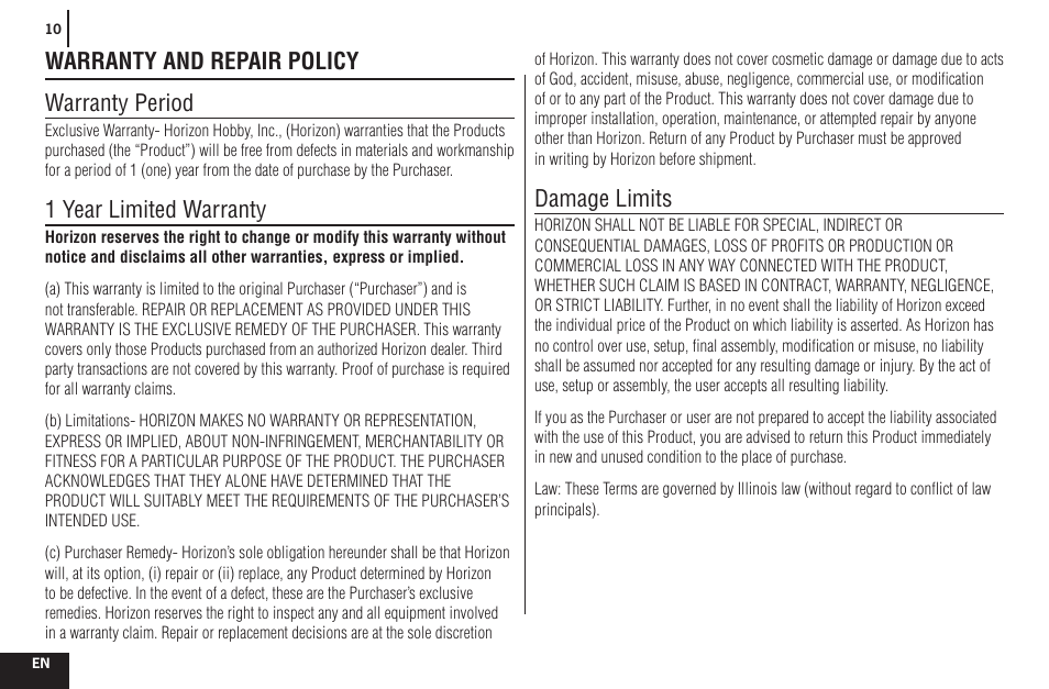 Warranty and repair policy warranty period, 1 year limited warranty, Damage limits | Spektrum SPMR2200 DX2M User Manual | Page 10 / 14