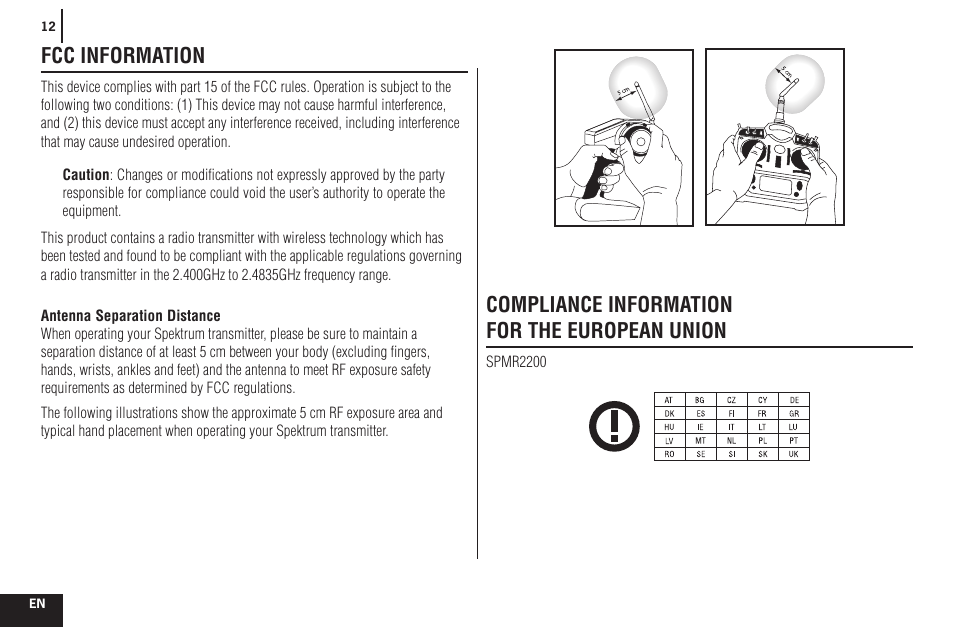 Fcc information, Compliance information for the european union | Spektrum SPMR2200 DX2M User Manual | Page 12 / 14