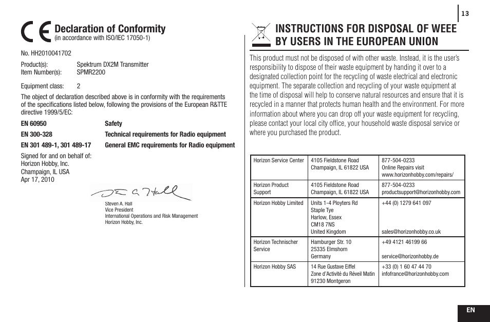 Declaration of conformity | Spektrum SPMR2200 DX2M User Manual | Page 13 / 14