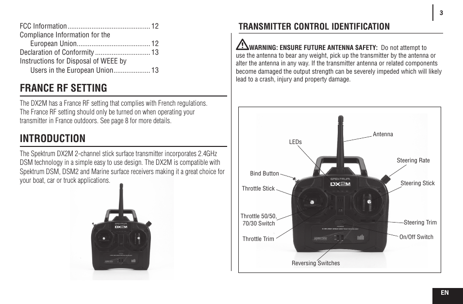 France rf setting, Introduction, Transmitter control identification | Spektrum SPMR2200 DX2M User Manual | Page 3 / 14