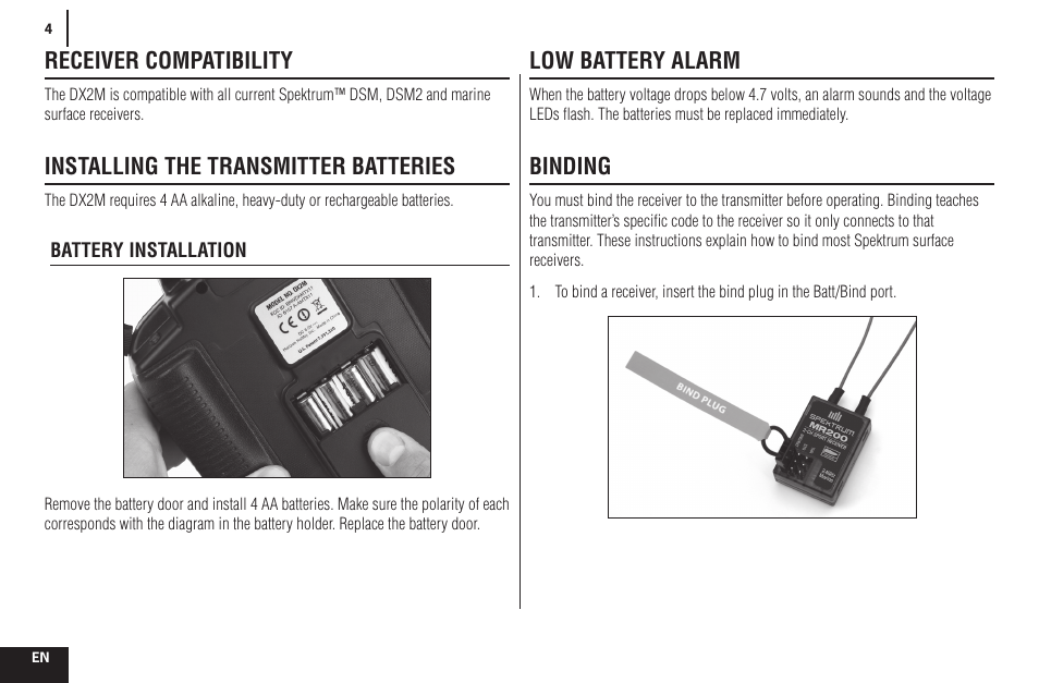Receiver compatibility, Installing the transmitter batteries, Low battery alarm | Binding | Spektrum SPMR2200 DX2M User Manual | Page 4 / 14