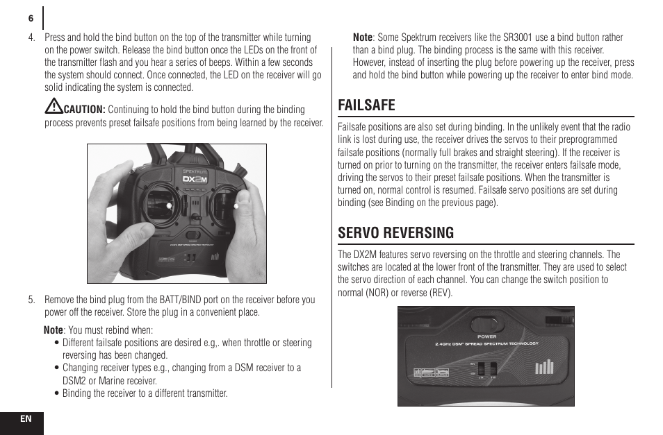 Failsafe, Servo reversing | Spektrum SPMR2200 DX2M User Manual | Page 6 / 14