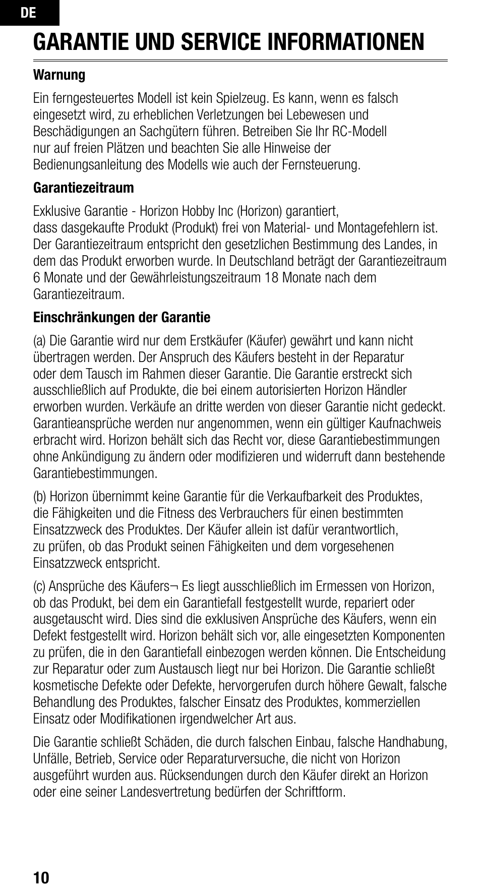 Garantie und service informationen | Spektrum SPM9646 User Manual | Page 10 / 24