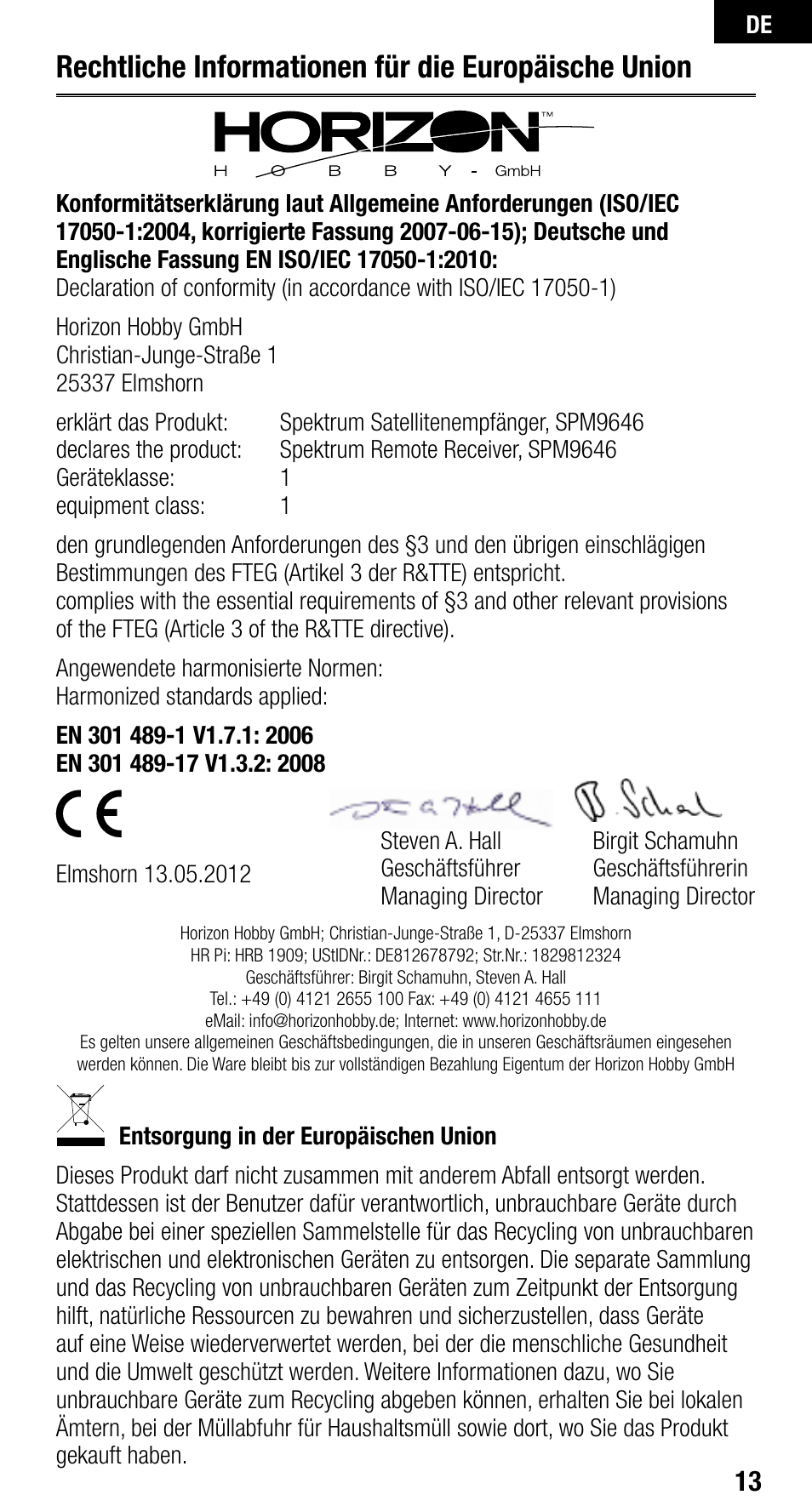 Rechtliche informationen für die europäische union | Spektrum SPM9646 User Manual | Page 13 / 24