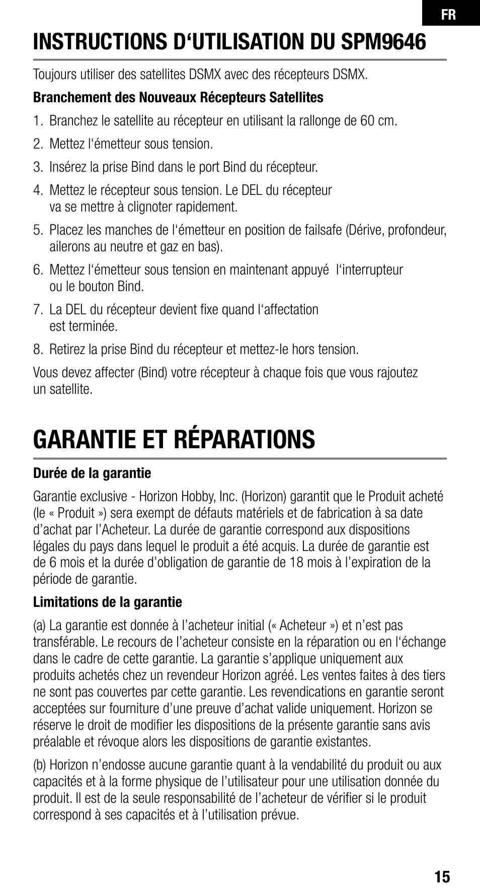 Garantie et réparations, Instructions d‘utilisation du spm9646 | Spektrum SPM9646 User Manual | Page 15 / 24