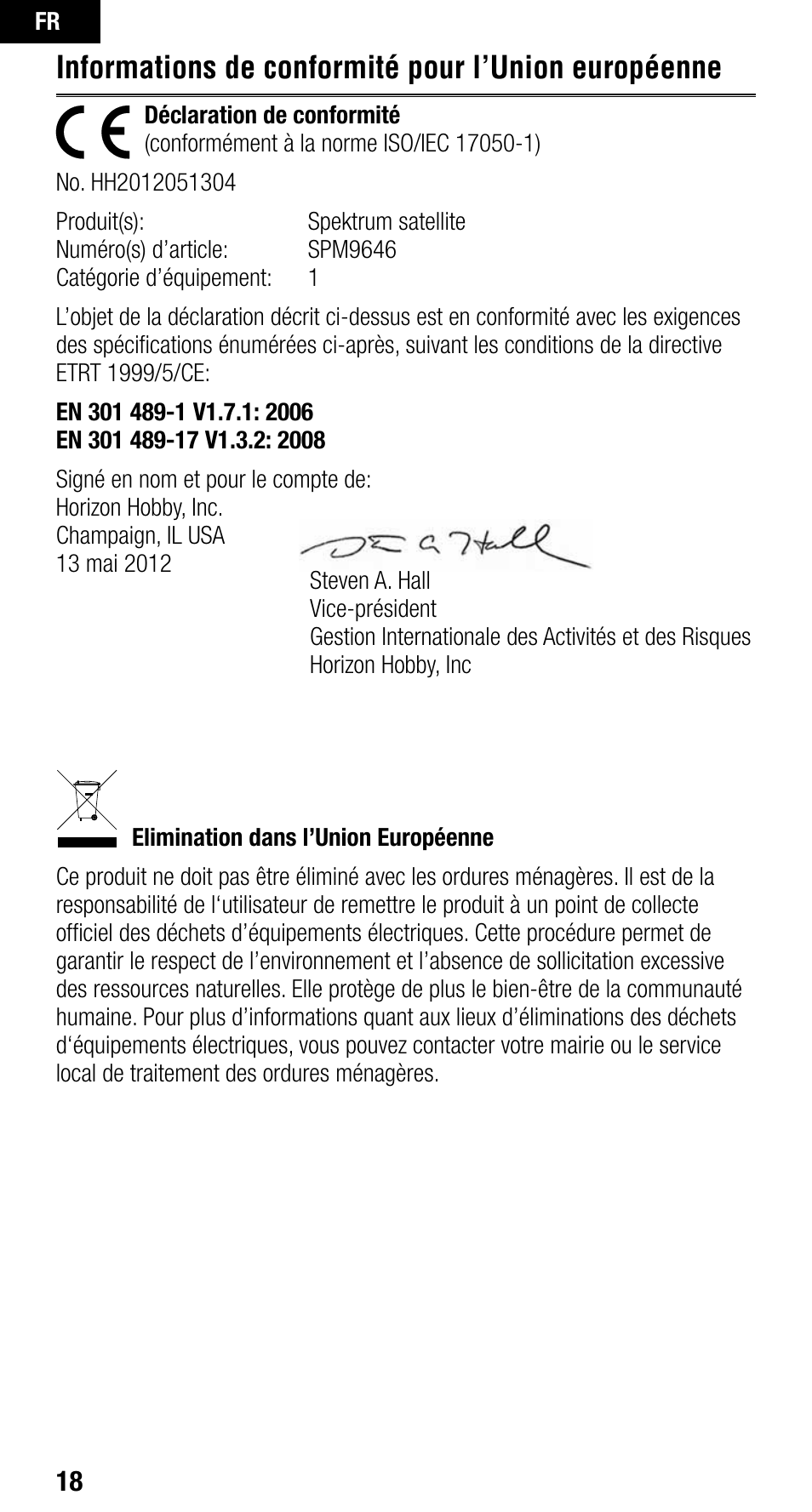 Informations de conformité pour l’union européenne | Spektrum SPM9646 User Manual | Page 18 / 24