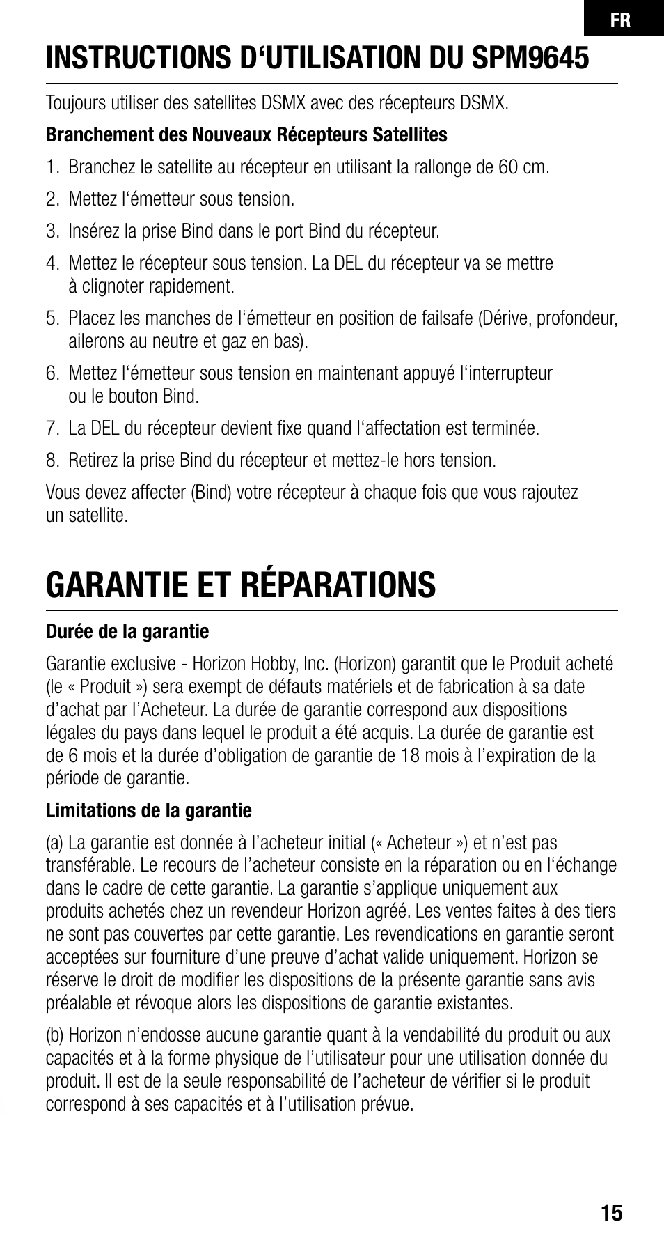 Garantie et réparations, Instructions d‘utilisation du spm9645 | Spektrum SPM9645 User Manual | Page 15 / 24