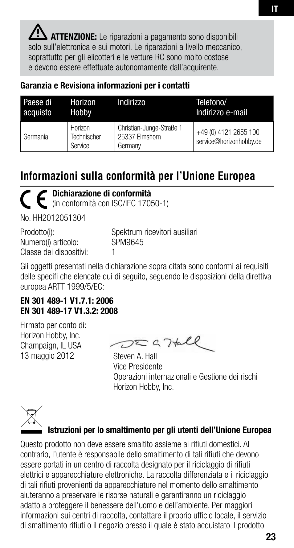 Informazioni sulla conformità per l’unione europea | Spektrum SPM9645 User Manual | Page 23 / 24