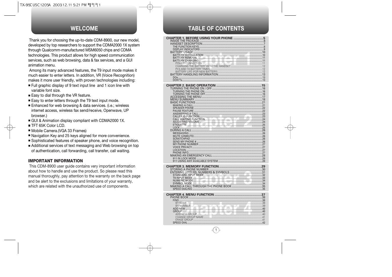 Chapter 1 chapter 2 chapter 3 chapter 4 | Audiovox CDM-8900 User Manual | Page 2 / 69