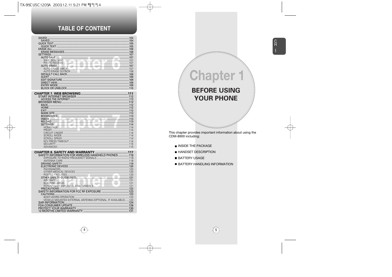 Chapter 6 chapter 7 chapter 8, Chapter 1, Before using your phone | Table of content | Audiovox CDM-8900 User Manual | Page 4 / 69