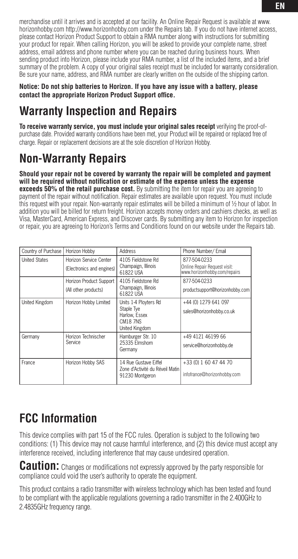Warranty inspection and repairs, Non-warranty repairs, Fcc information | Caution | Spektrum SPM9549 User Manual | Page 11 / 13