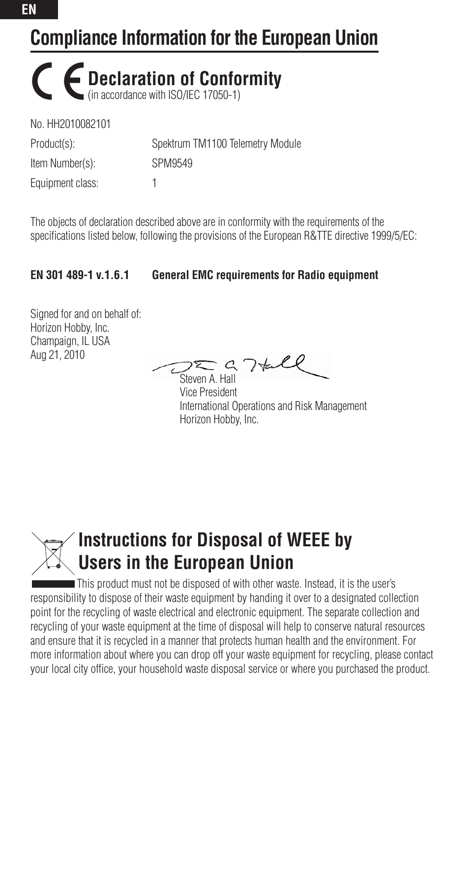 Compliance information for the european union, Declaration of conformity | Spektrum SPM9549 User Manual | Page 12 / 13