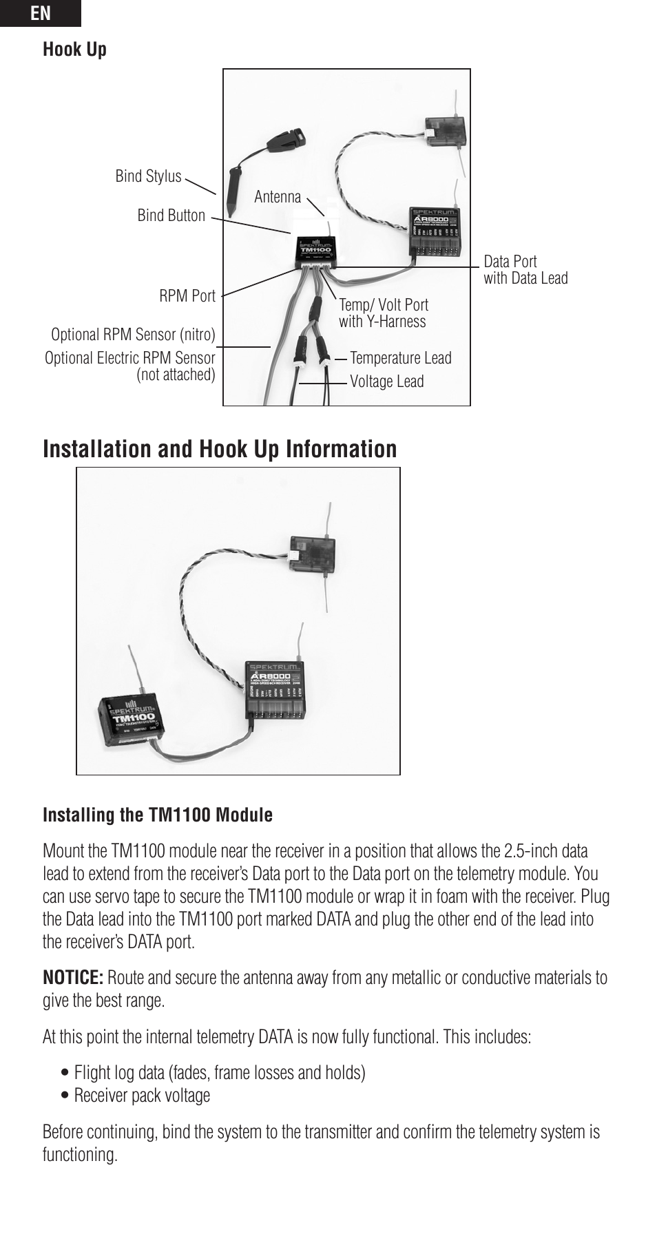 Installation and hook up information | Spektrum SPM9549 User Manual | Page 4 / 13