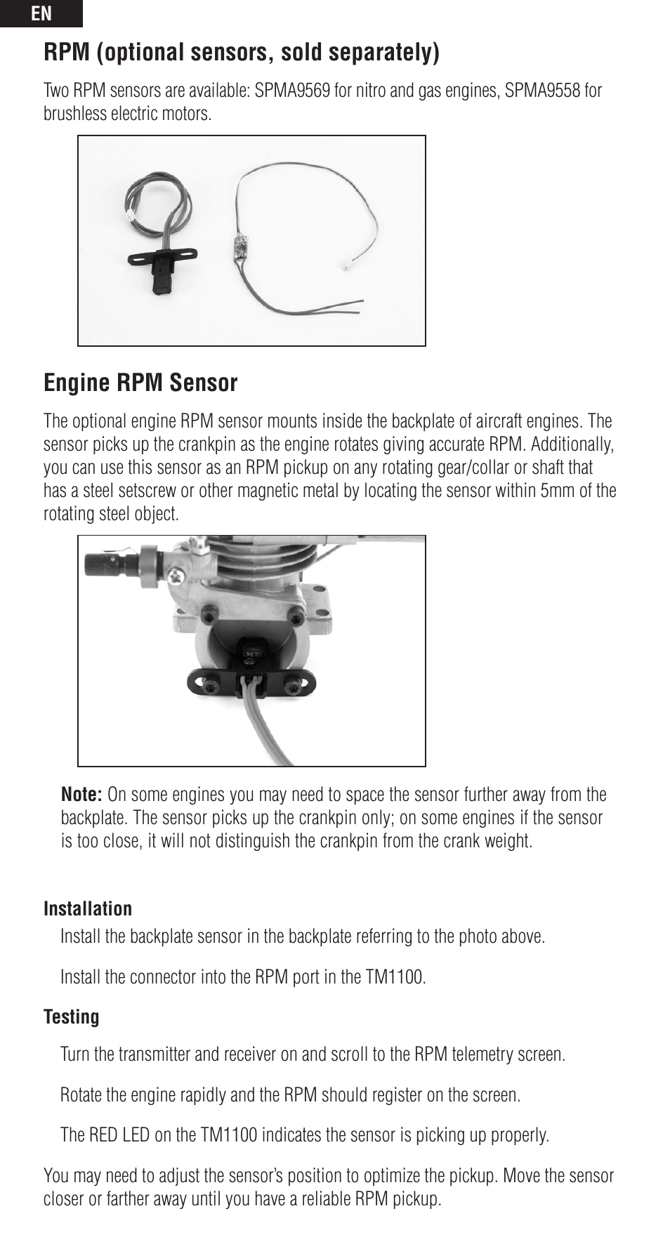 Rpm (optional sensors, sold separately), Engine rpm sensor | Spektrum SPM9549 User Manual | Page 8 / 13