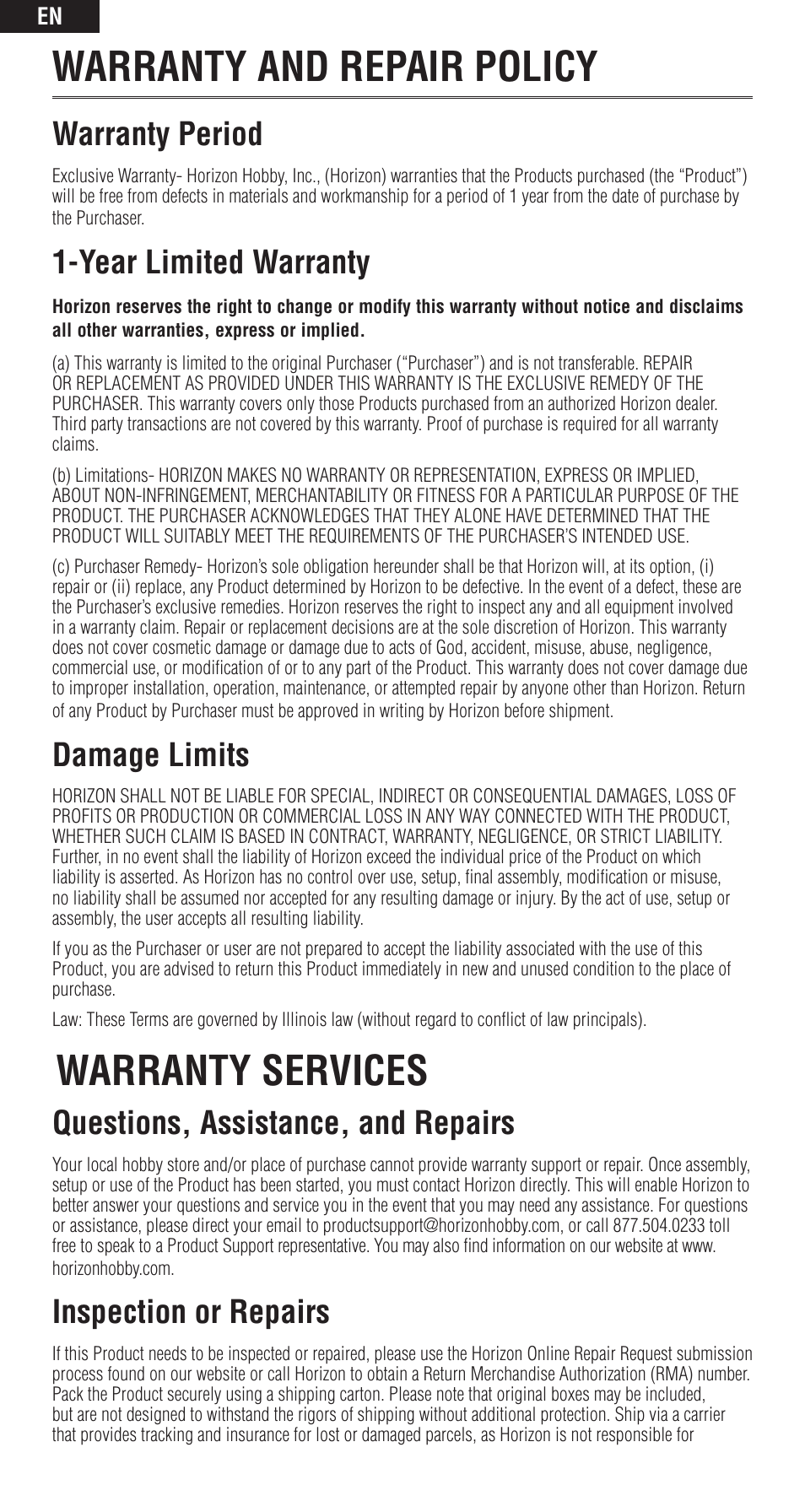 Warranty and repair policy, Warranty services, Warranty period | Year limited warranty, Damage limits, Questions, assistance, and repairs, Inspection or repairs | Spektrum SPM9548 User Manual | Page 10 / 13