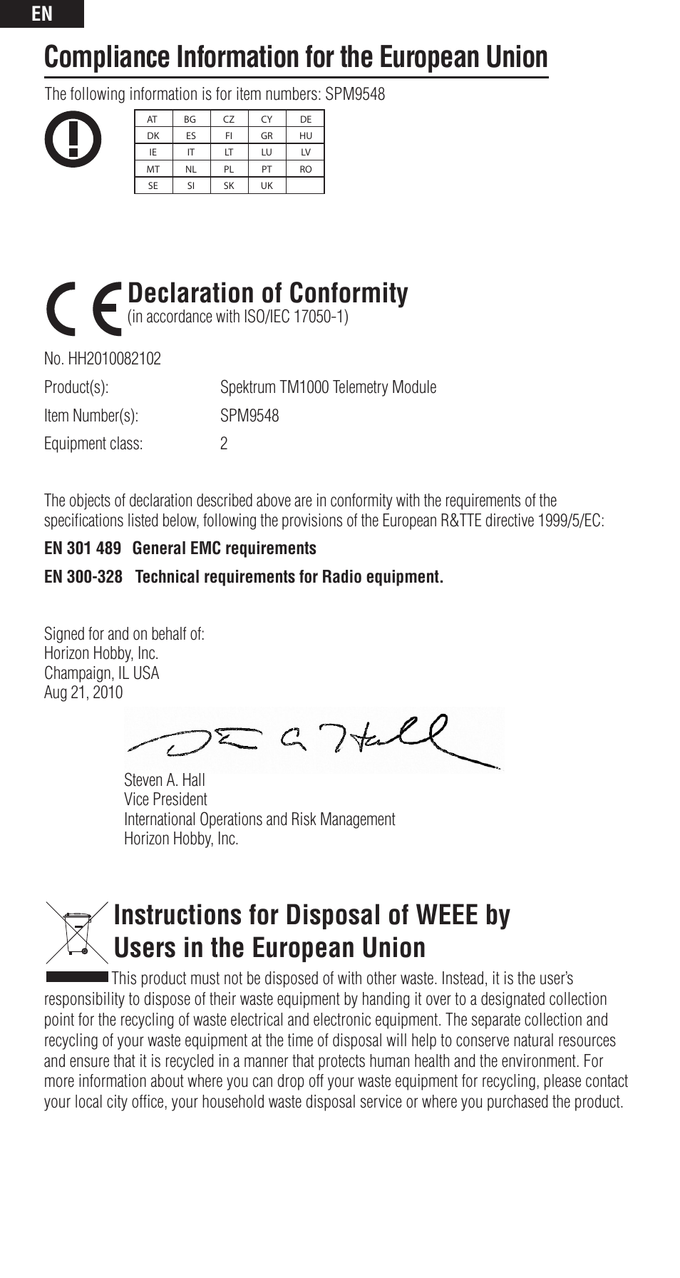 Compliance information for the european union, Declaration of conformity | Spektrum SPM9548 User Manual | Page 12 / 13