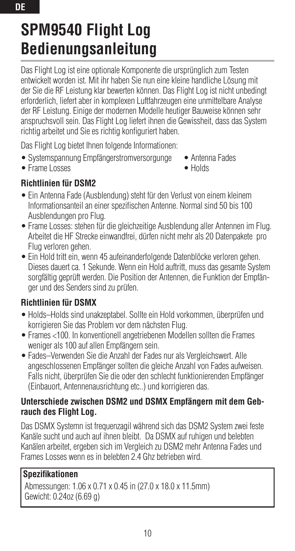 Spm9540 flight log bedienungsanleitung | Spektrum SPM9540 User Manual | Page 10 / 28