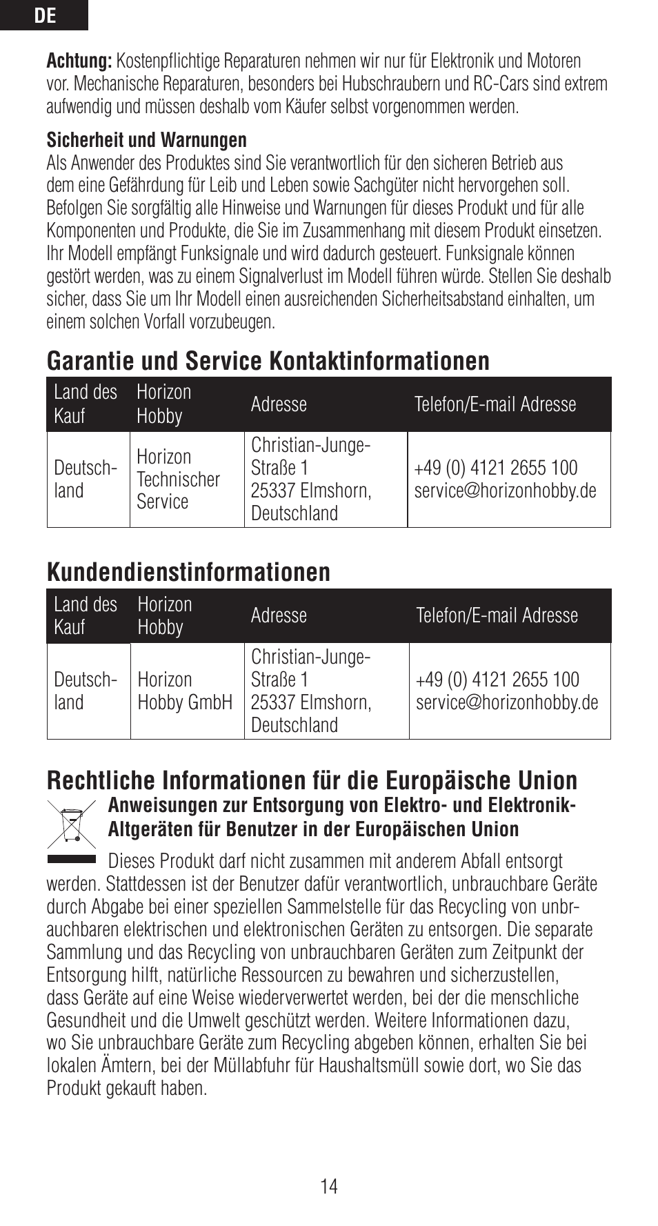 Garantie und service kontaktinformationen, Kundendienstinformationen, Rechtliche informationen für die europäische union | Spektrum SPM9540 User Manual | Page 14 / 28
