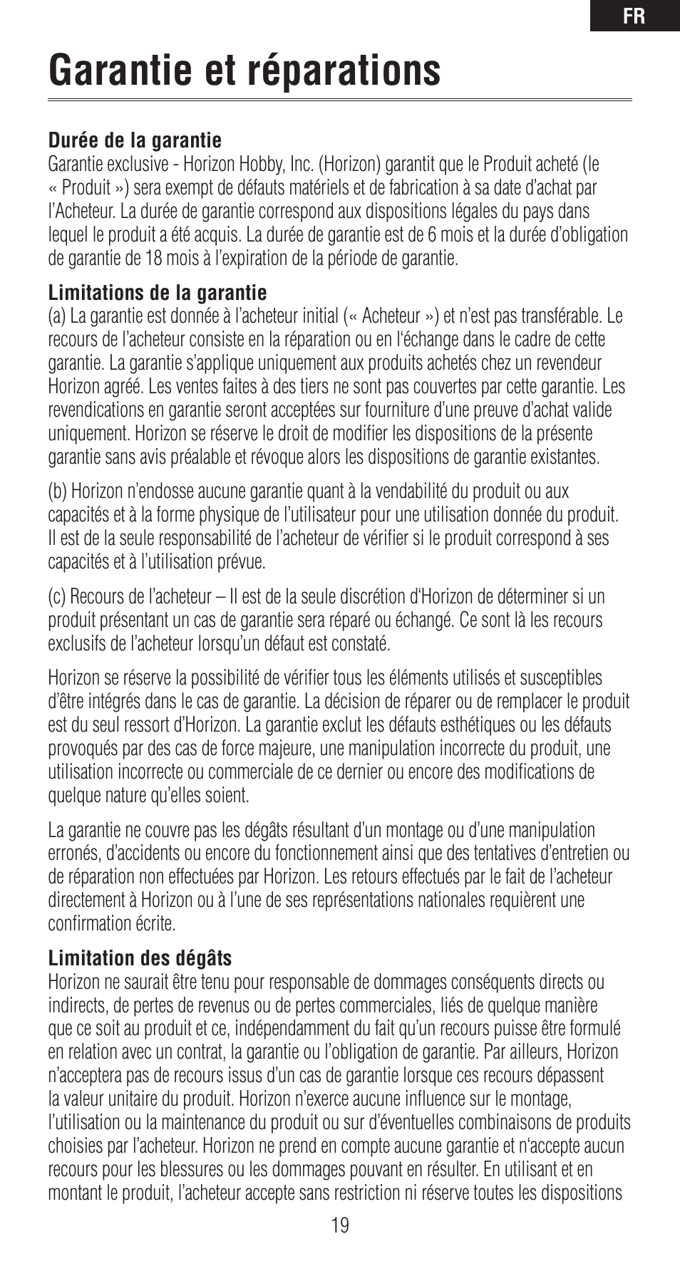 Garantie et réparations | Spektrum SPM9540 User Manual | Page 19 / 28