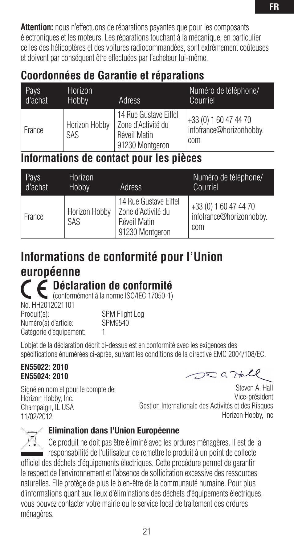Informations de conformité pour l’union européenne, Coordonnées de garantie et réparations, Informations de contact pour les pièces | Déclaration de conformité | Spektrum SPM9540 User Manual | Page 21 / 28