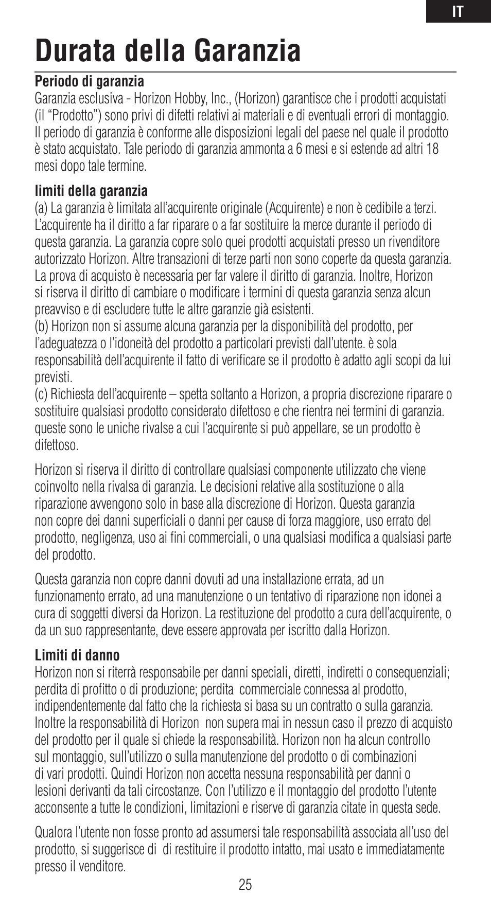 Durata della garanzia | Spektrum SPM9540 User Manual | Page 25 / 28