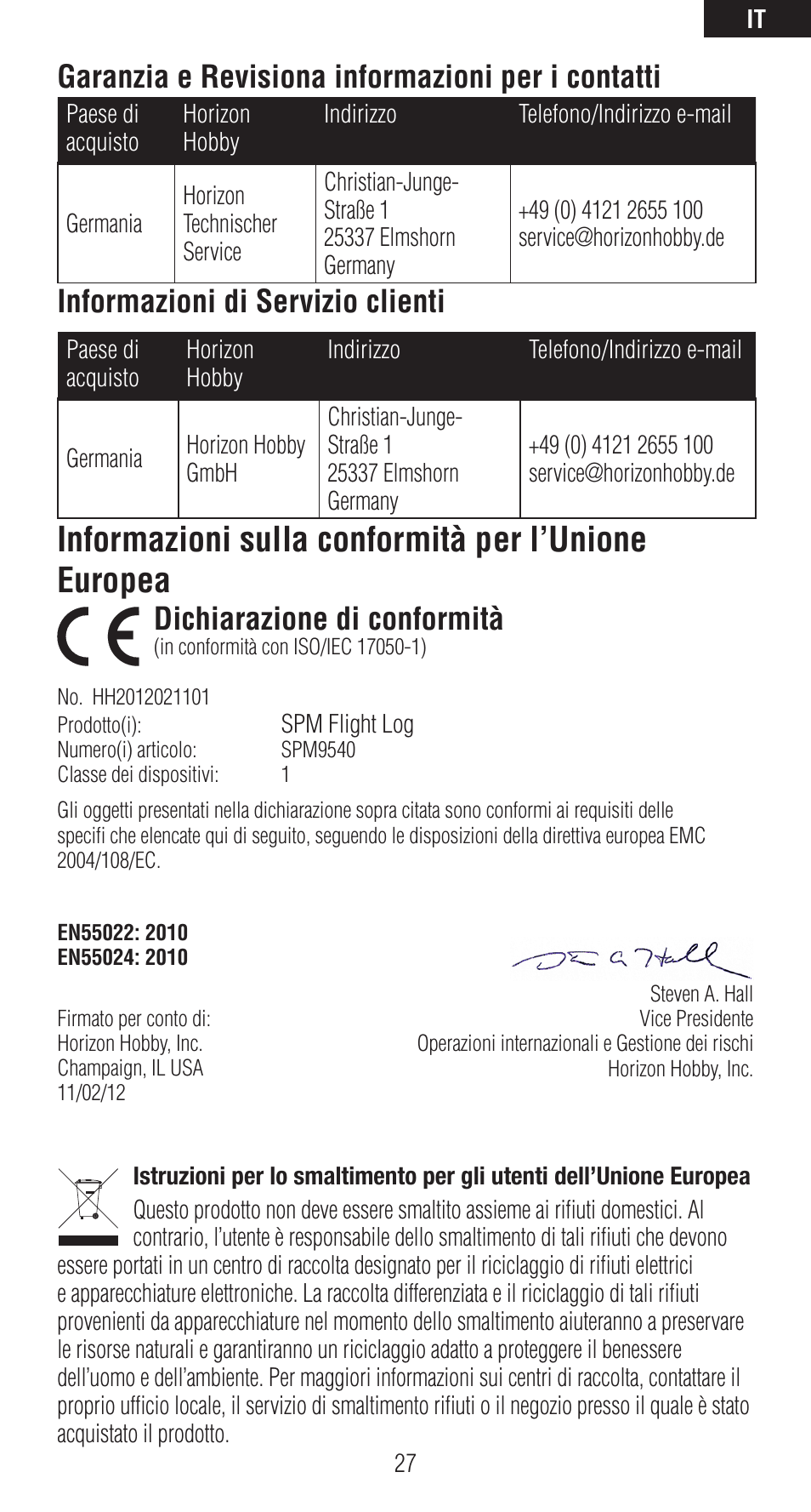 Informazioni sulla conformità per l’unione europea, Garanzia e revisiona informazioni per i contatti, Informazioni di servizio clienti | Dichiarazione di conformità | Spektrum SPM9540 User Manual | Page 27 / 28