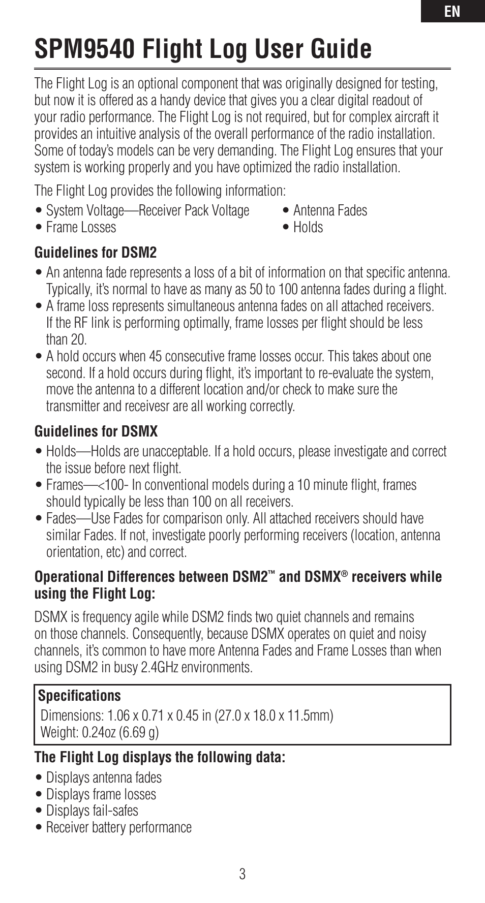 Spm9540 flight log user guide | Spektrum SPM9540 User Manual | Page 3 / 28